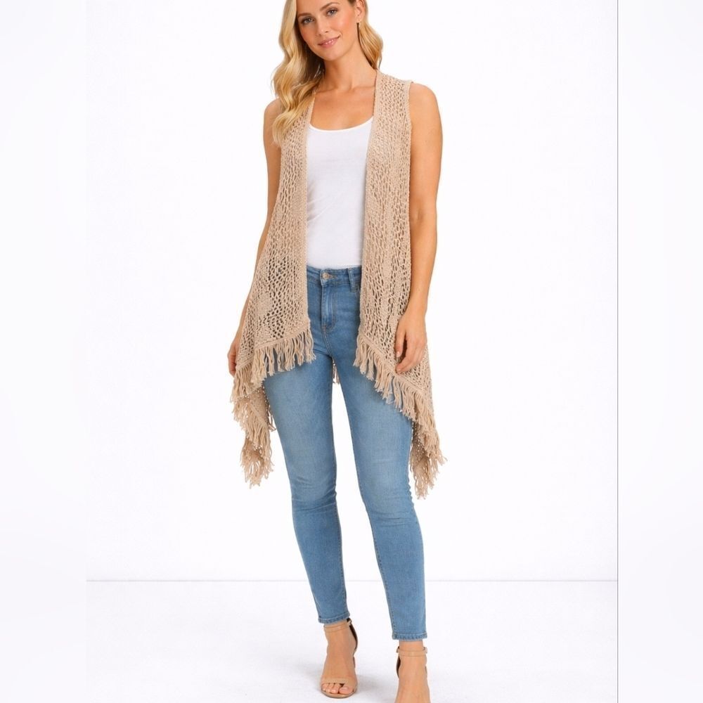 Retro Threads Tan Crochet Knit Open Front Sleeveless Cardigan Size XXL